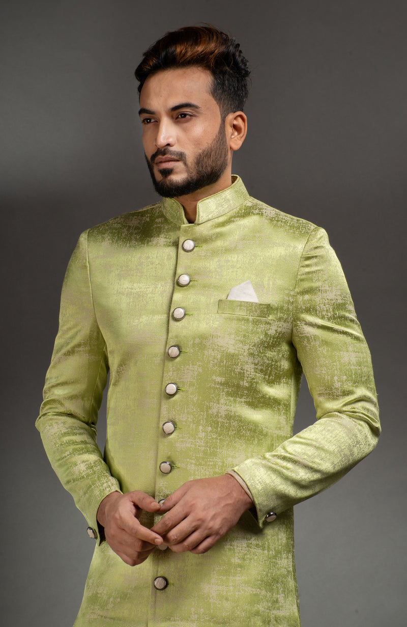 HAMSAFAR Men’s Mint Green Poly Viscose Sherwani