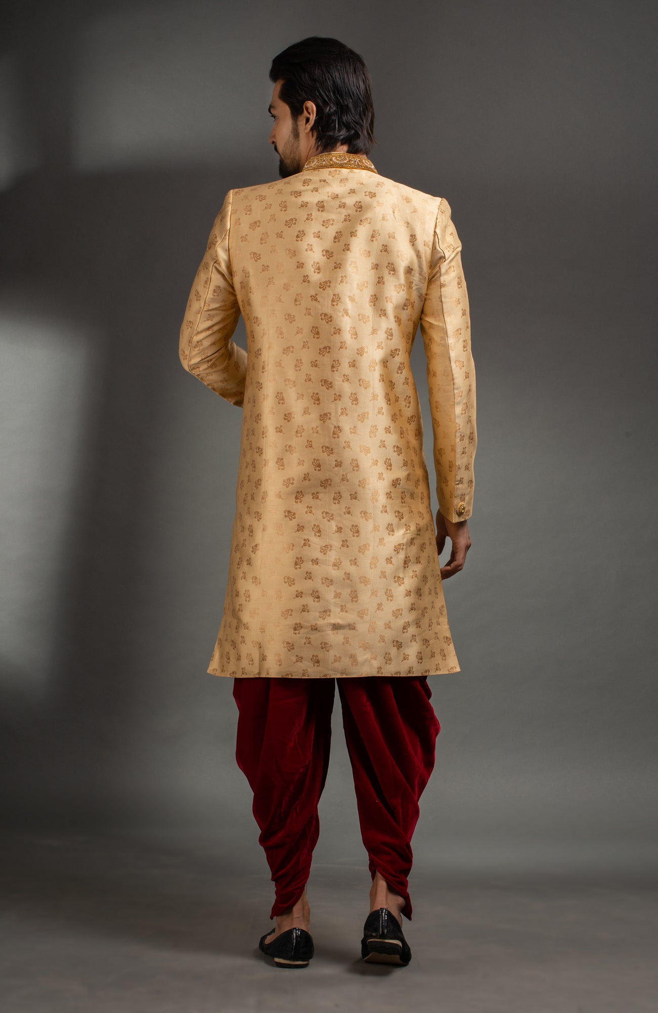 HAMSAFAR Men’s Light Golden Zari Poly Jacquard Sherwani