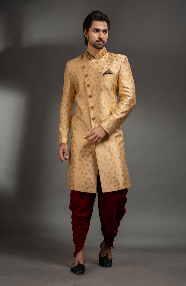 HAMSAFAR Men’s Light Golden Zari Poly Jacquard Sherwani