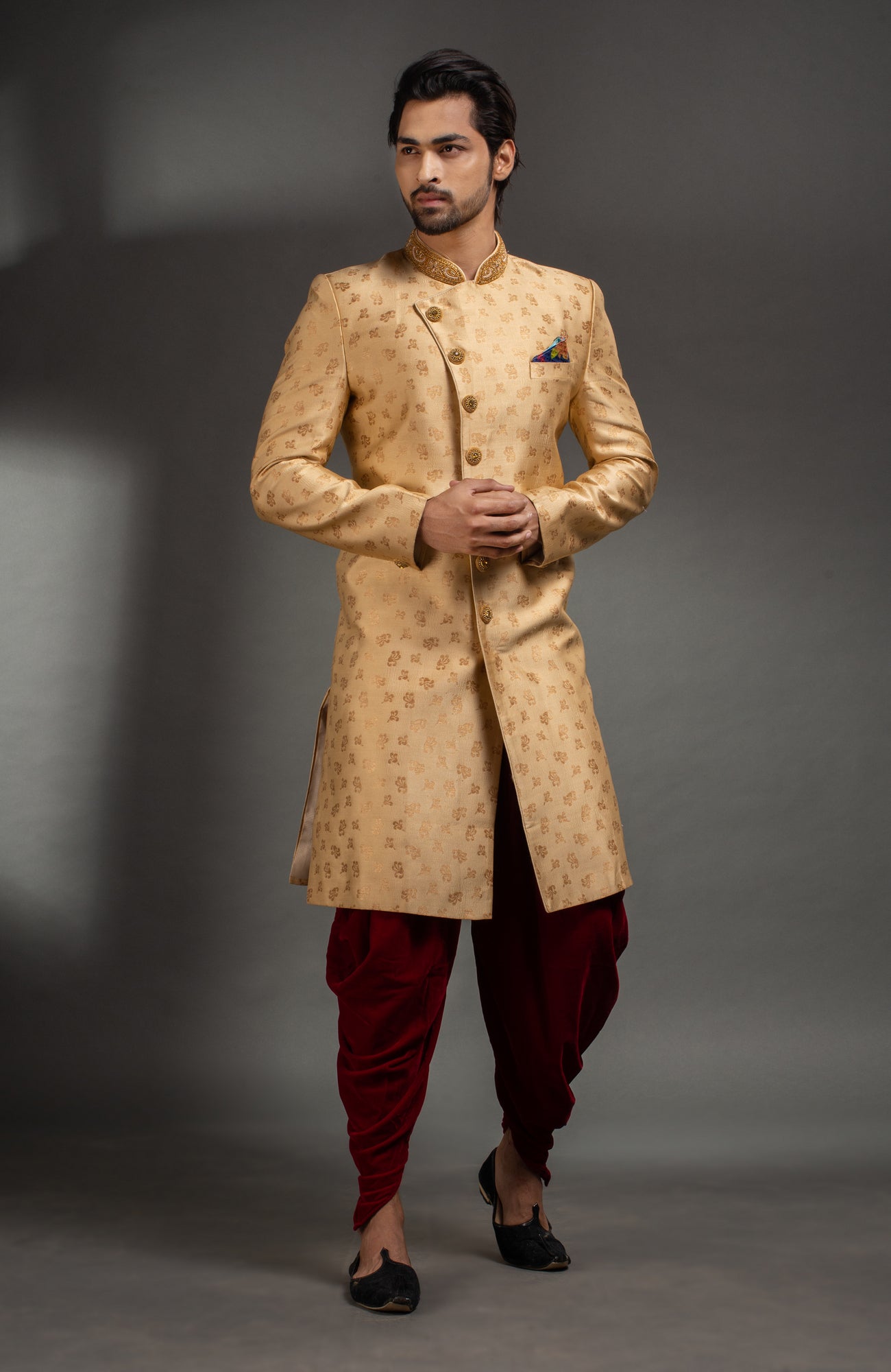 HAMSAFAR Men’s Light Golden Zari Poly Jacquard Sherwani