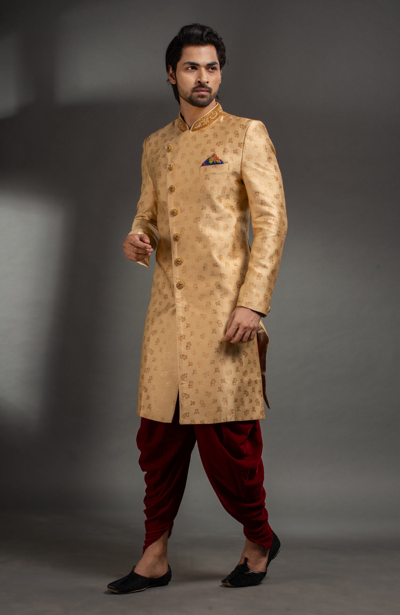 HAMSAFAR Men’s Light Golden Zari Poly Jacquard Sherwani