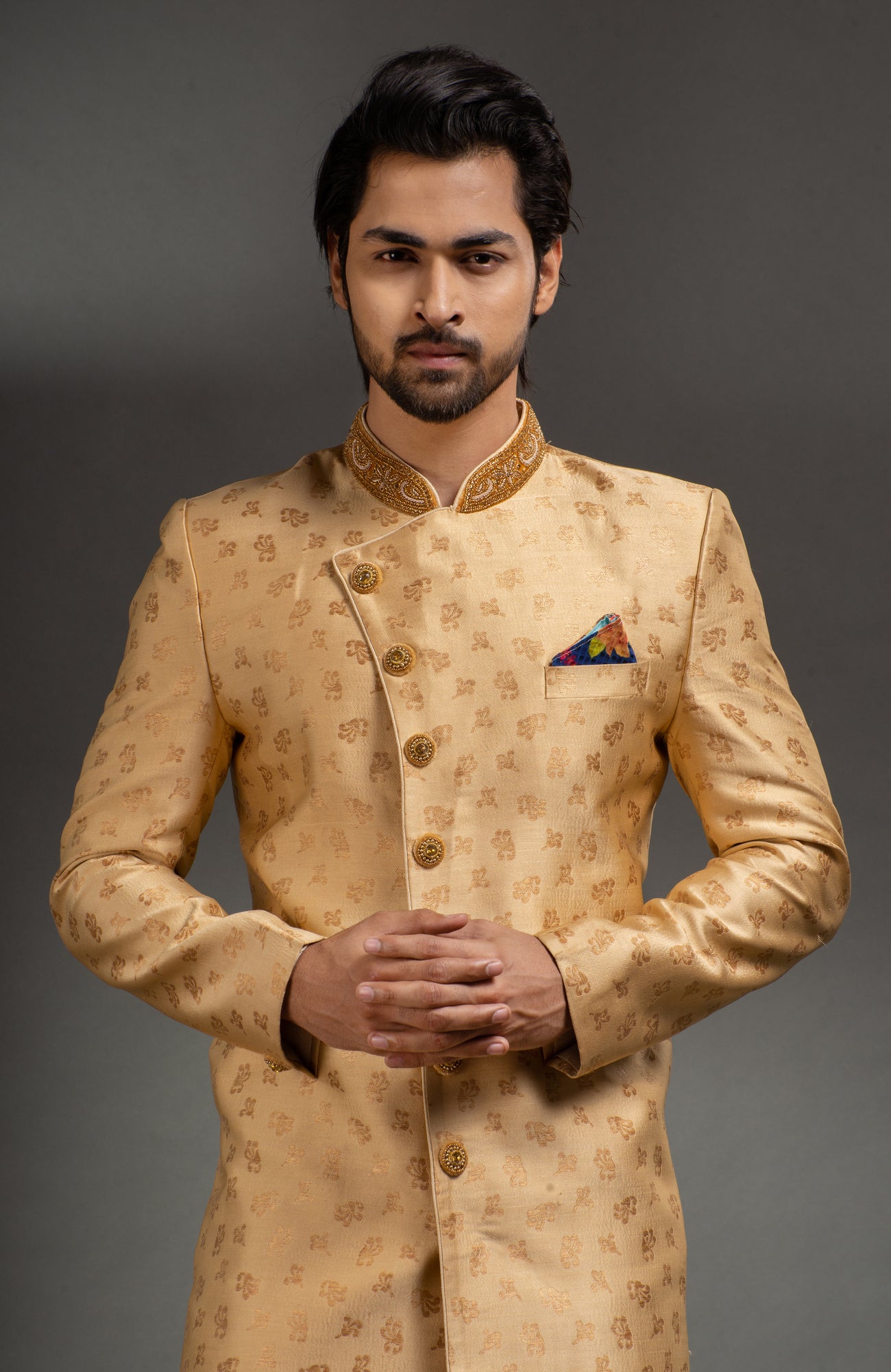 HAMSAFAR Men’s Light Golden Zari Poly Jacquard Sherwani