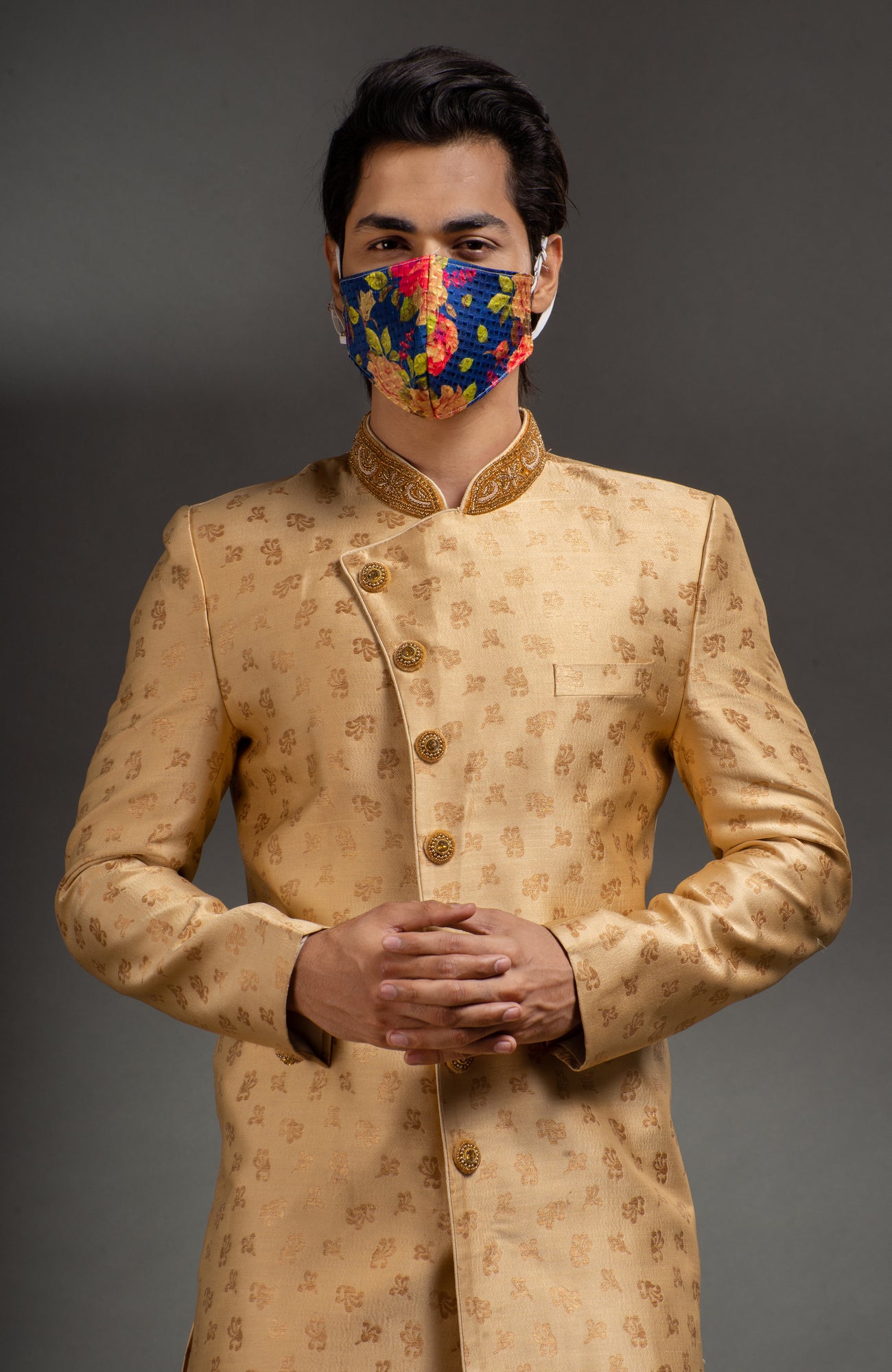 HAMSAFAR Men’s Light Golden Zari Poly Jacquard Sherwani