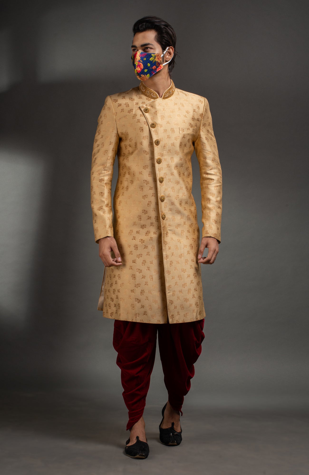 HAMSAFAR Men’s Light Golden Zari Poly Jacquard Sherwani