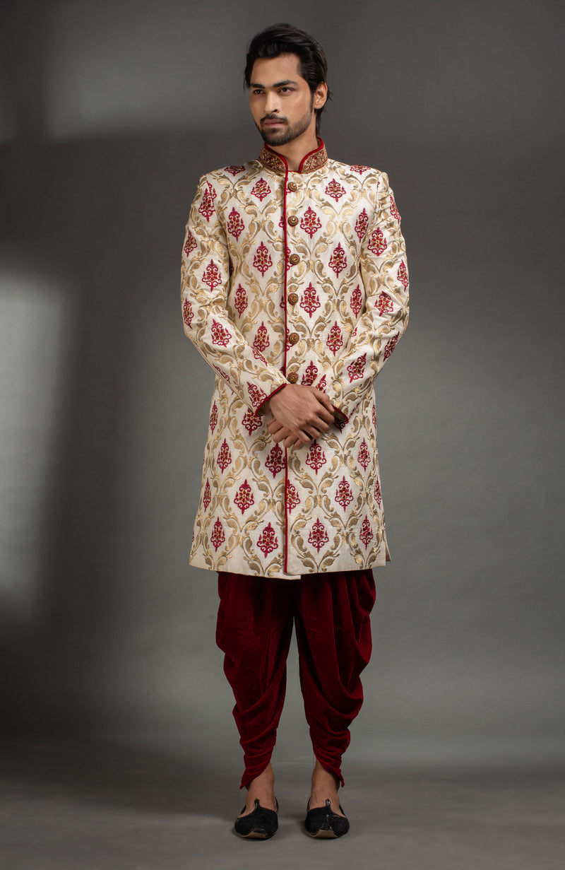 HAMSAFAR Men’s White Golden Maroon Poly Dupion Sherwani