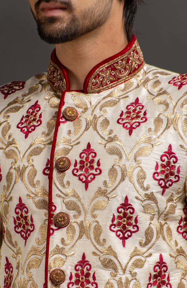 HAMSAFAR Men’s White Golden Maroon Poly Dupion Sherwani