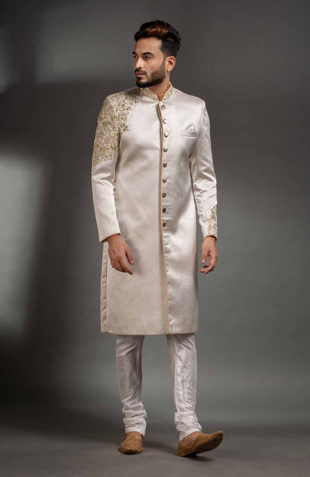HAMSAFAR Men’s Ivory White Satin Poly Viscose Sherwani