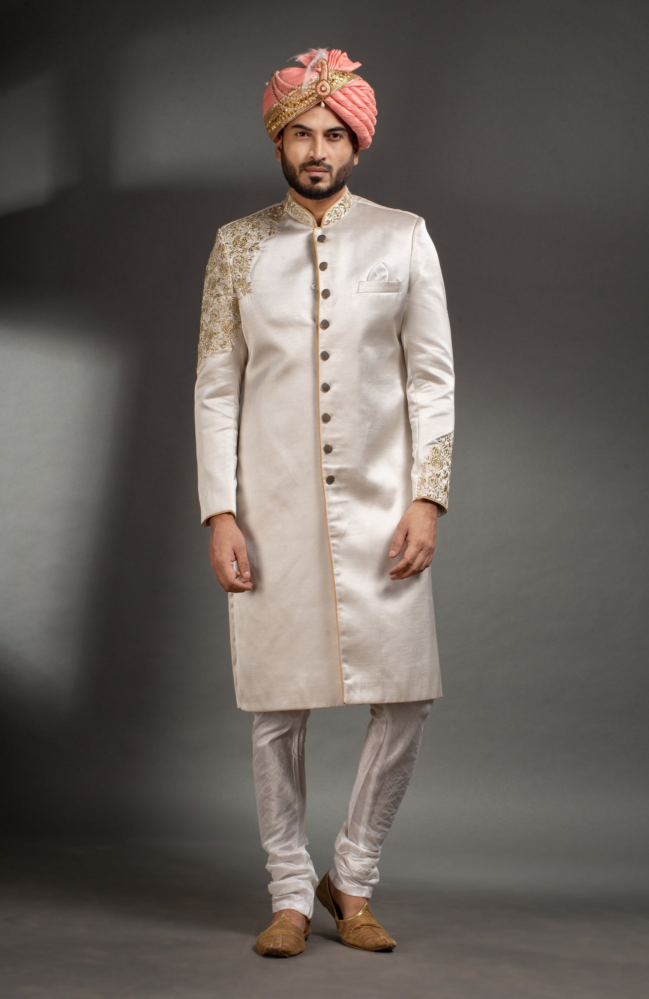 HAMSAFAR Men’s Ivory White Satin Poly Viscose Sherwani