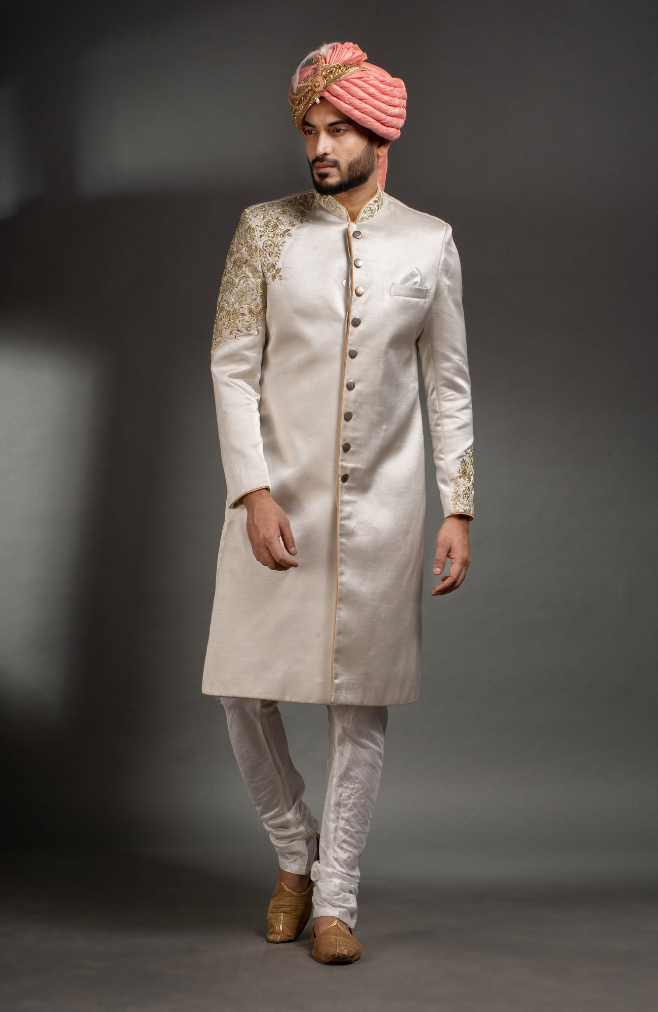 HAMSAFAR Men’s Ivory White Satin Poly Viscose Sherwani