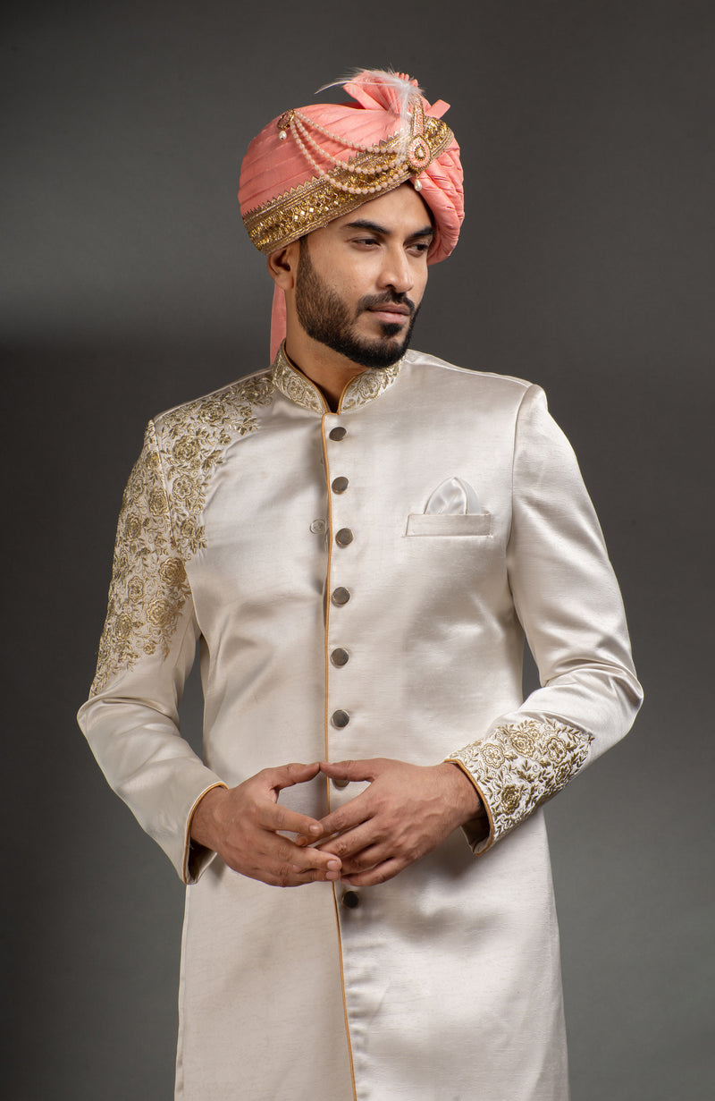 HAMSAFAR Men’s Ivory White Satin Poly Viscose Sherwani