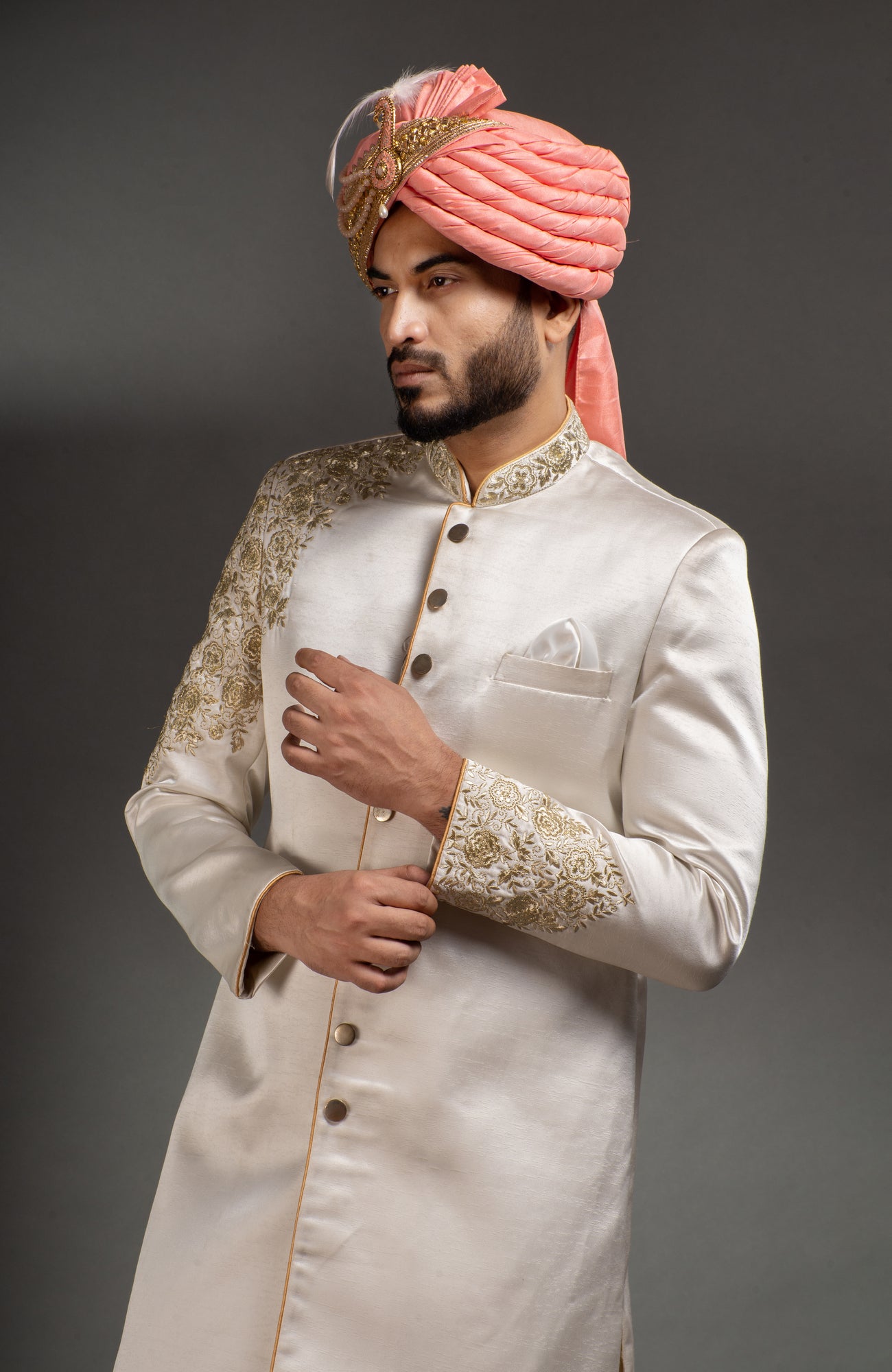 HAMSAFAR Men’s Ivory White Satin Poly Viscose Sherwani