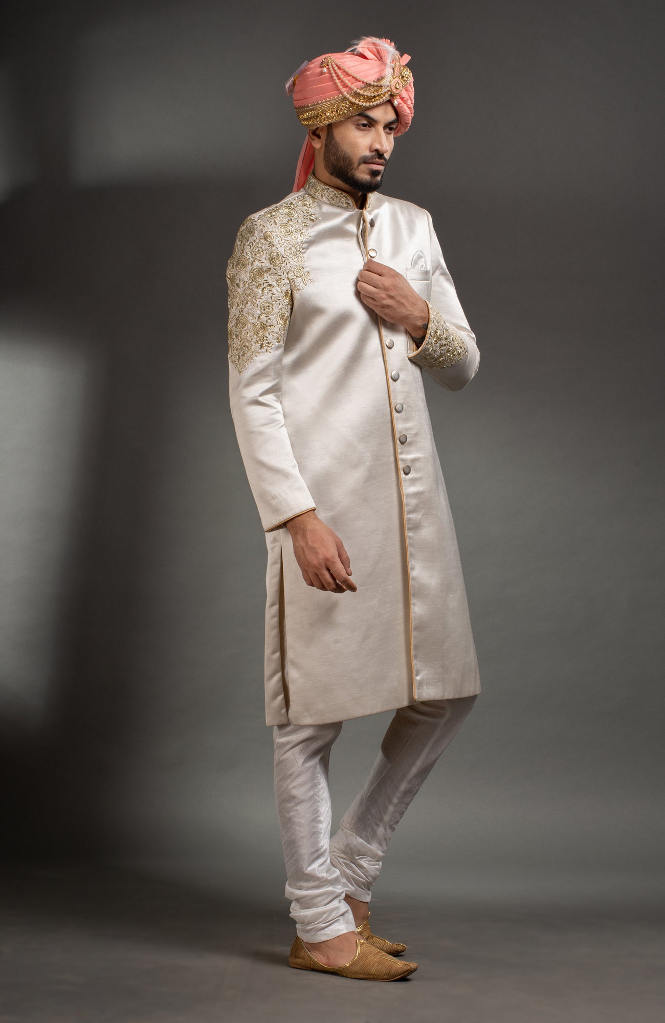 HAMSAFAR Men’s Ivory White Satin Poly Viscose Sherwani