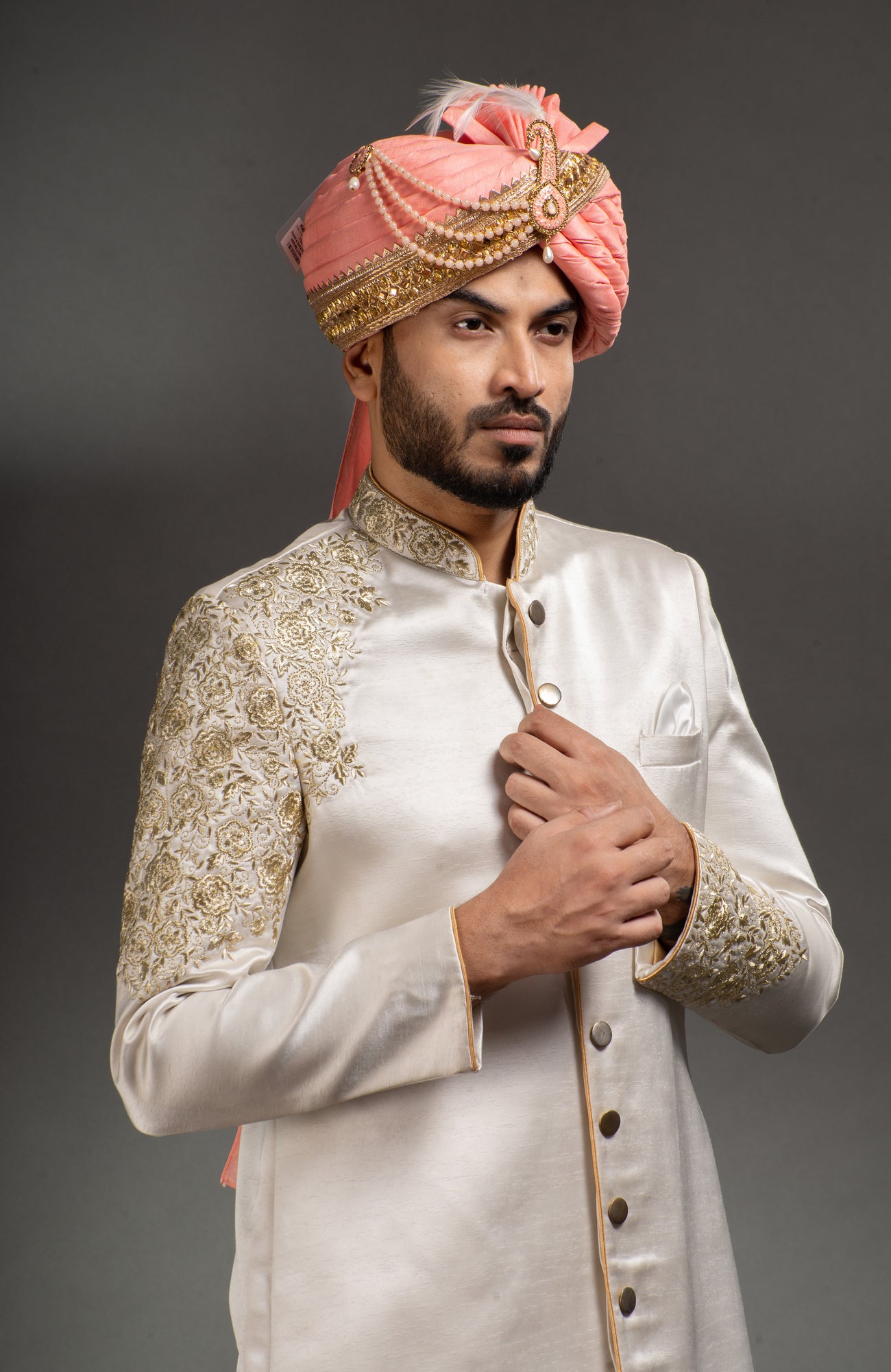 HAMSAFAR Men’s Ivory White Satin Poly Viscose Sherwani