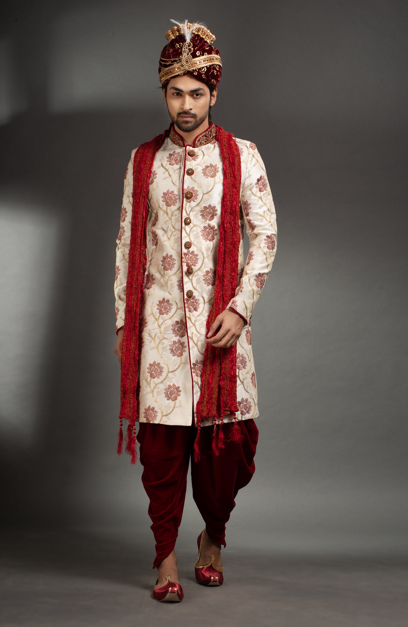 HAMSAFAR Men’s Off White Poly Dupian Printed Sherwani