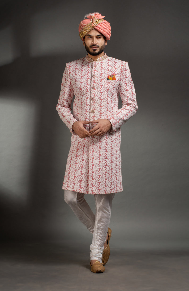 HAMSAFAR Men’s Light Pink Staple Printed Syed Sherwani