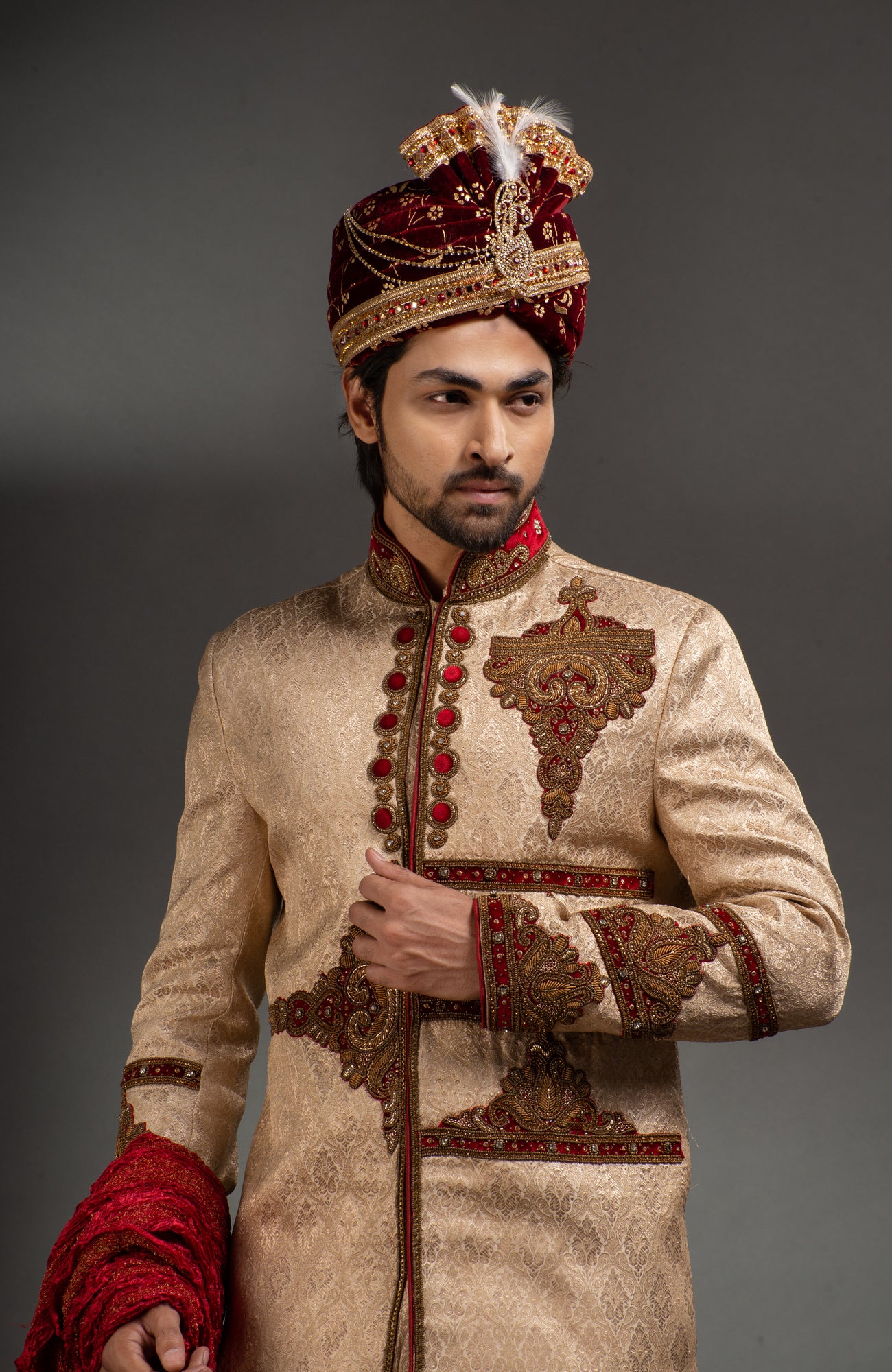 HAMSAFAR Men’s Tusser Cream Zari Jacquard Sherwani
