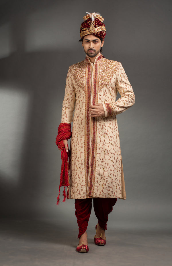 HAMSAFAR Men’s Creme Poly Staple Woven Sherwani