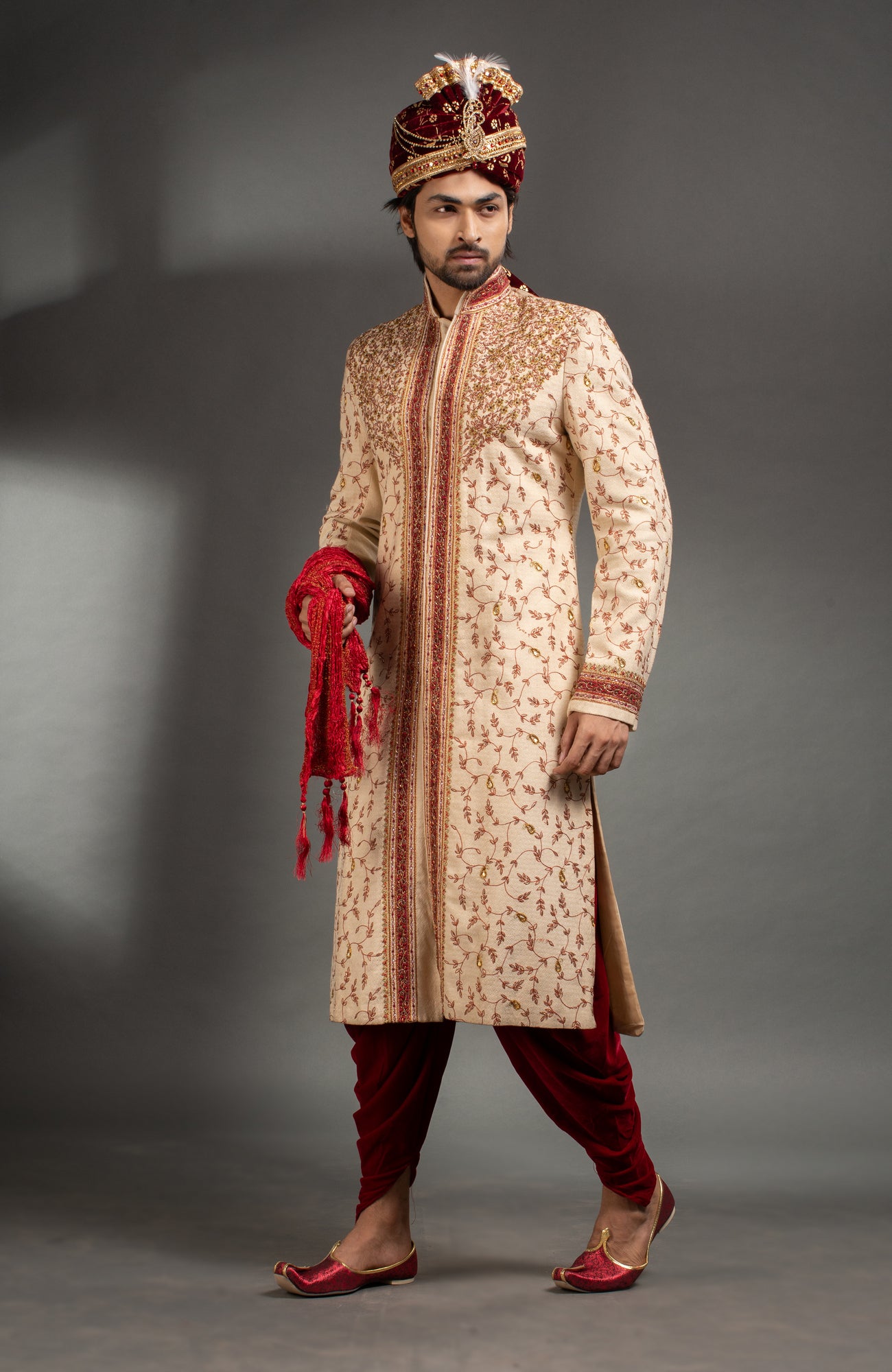 HAMSAFAR Men’s Creme Poly Staple Woven Sherwani