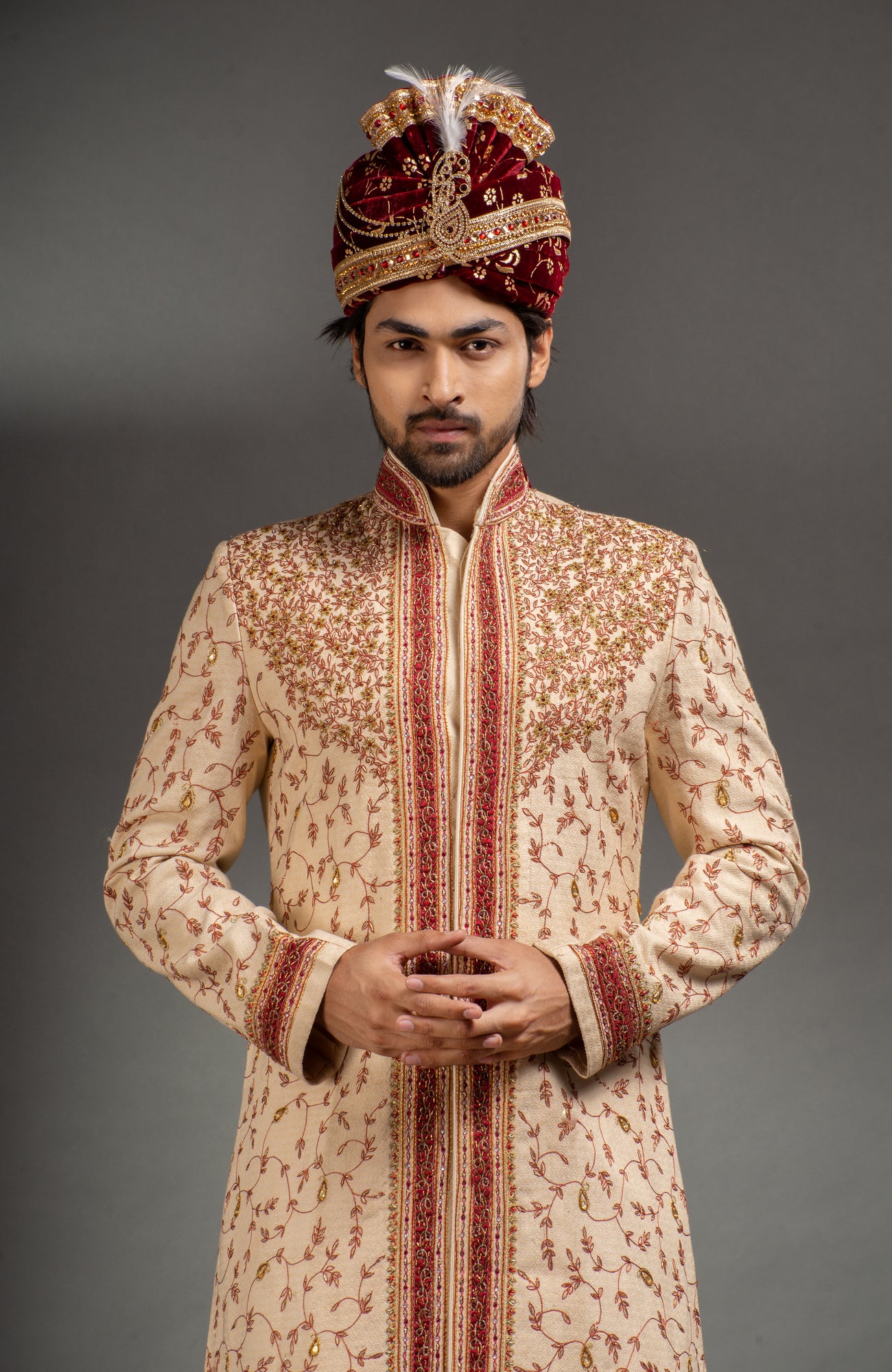 HAMSAFAR Men’s Creme Poly Staple Woven Sherwani