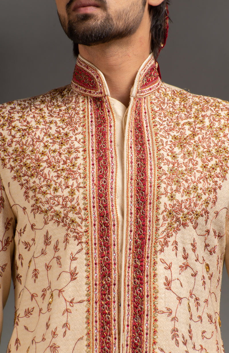 HAMSAFAR Men’s Creme Poly Staple Woven Sherwani