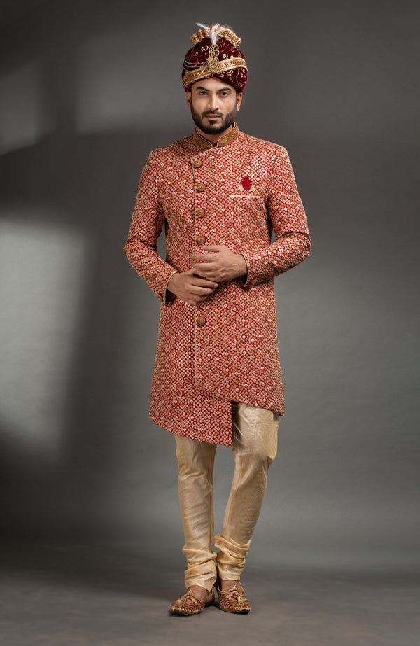 HAMSAFAR Men’s Maroon Golden Poly Dupian Sherwani