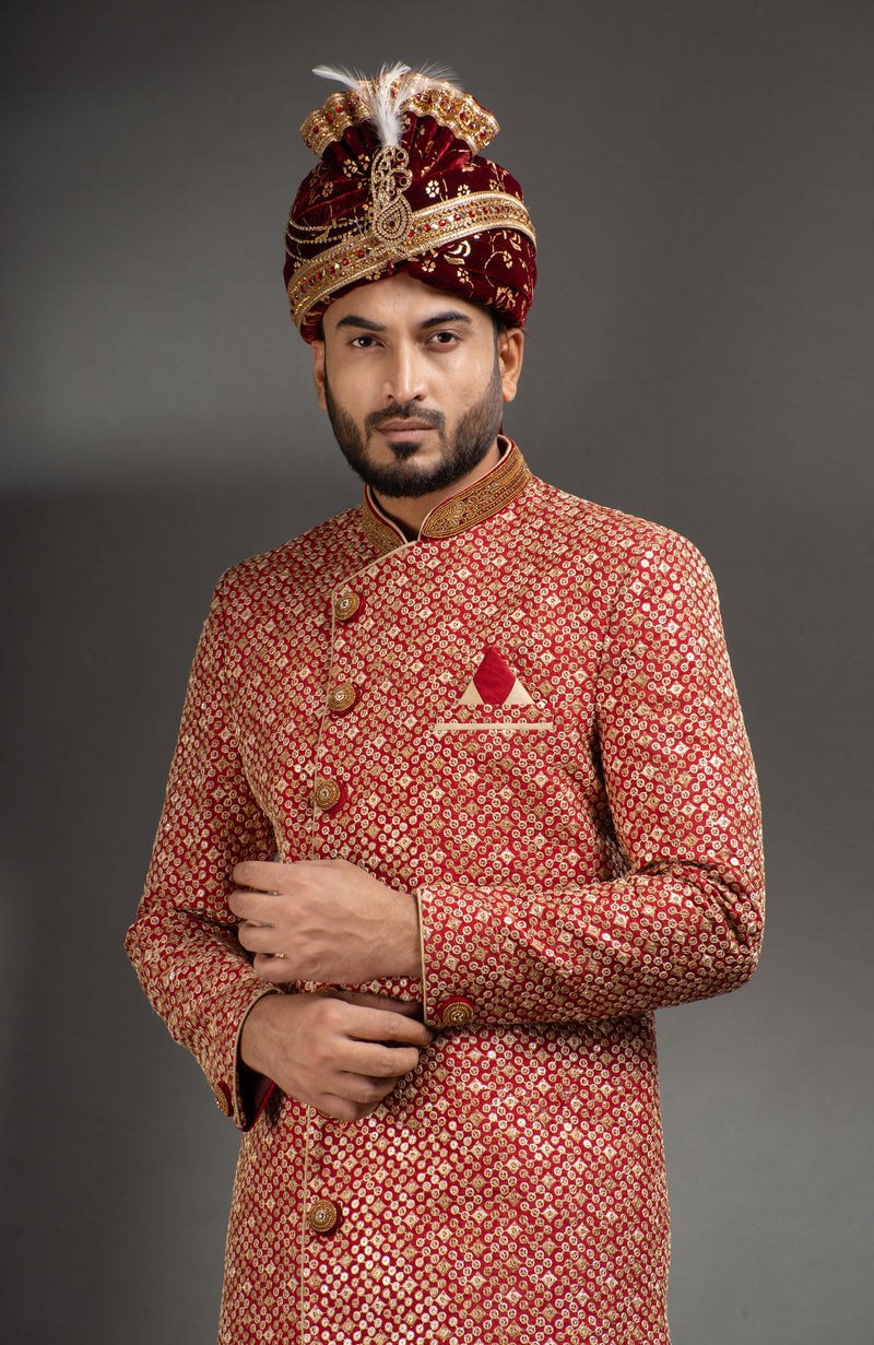 HAMSAFAR Men’s Maroon Golden Poly Dupian Sherwani