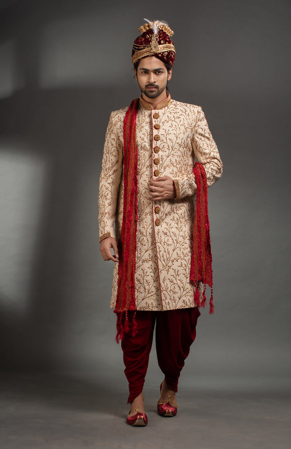 HAMSAFAR Men’s Cream Golden Poly Dupian  Sherwani