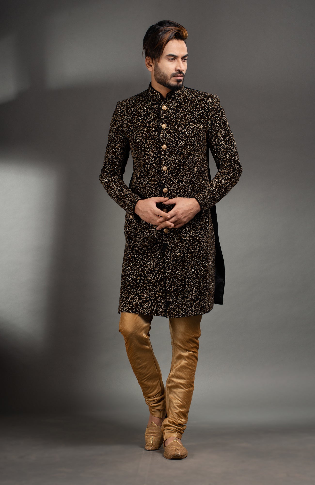 HAMSAFAR Men’s Matte Black Poly Velvet Sherwani