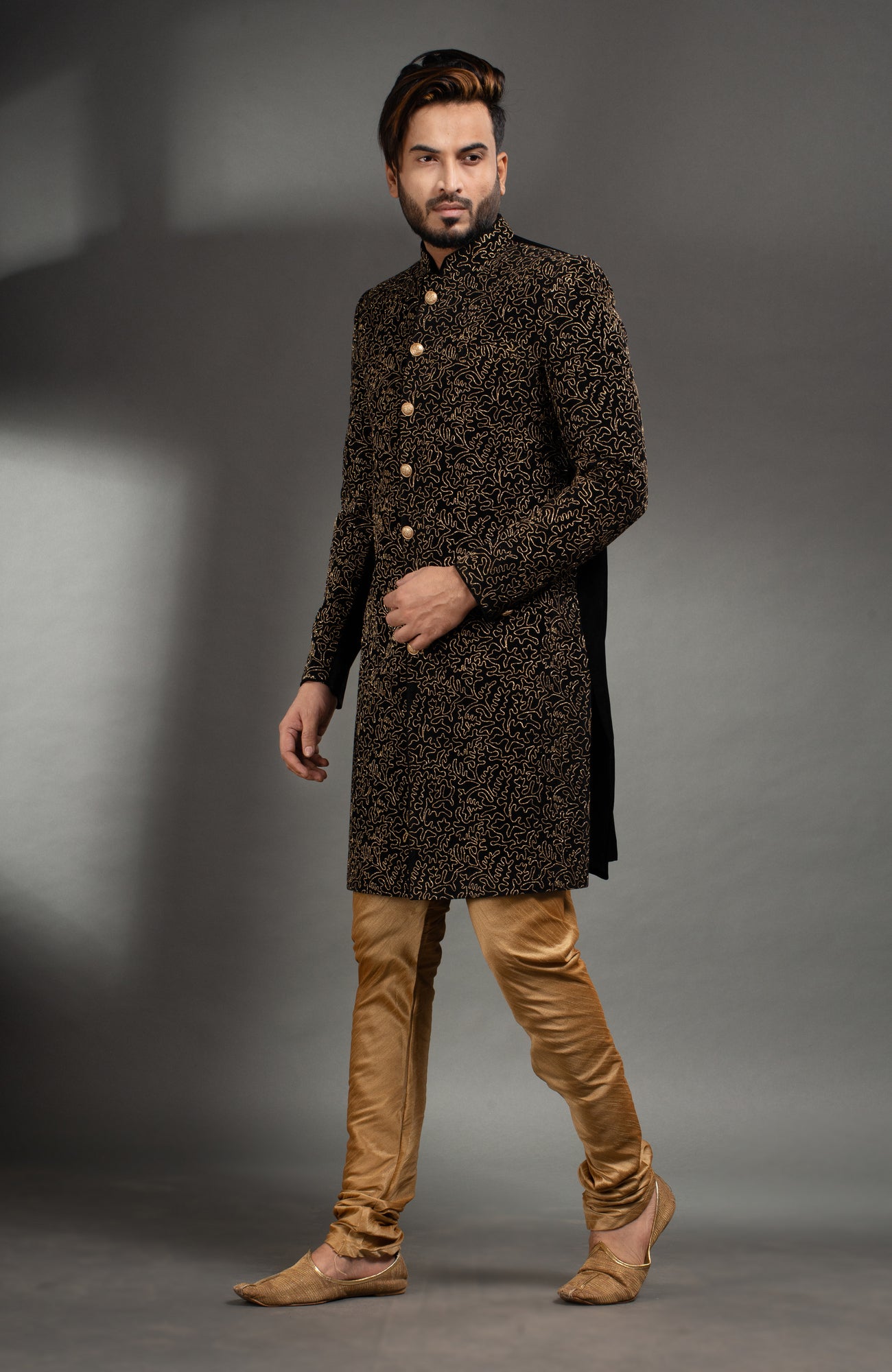HAMSAFAR Men’s Matte Black Poly Velvet Sherwani