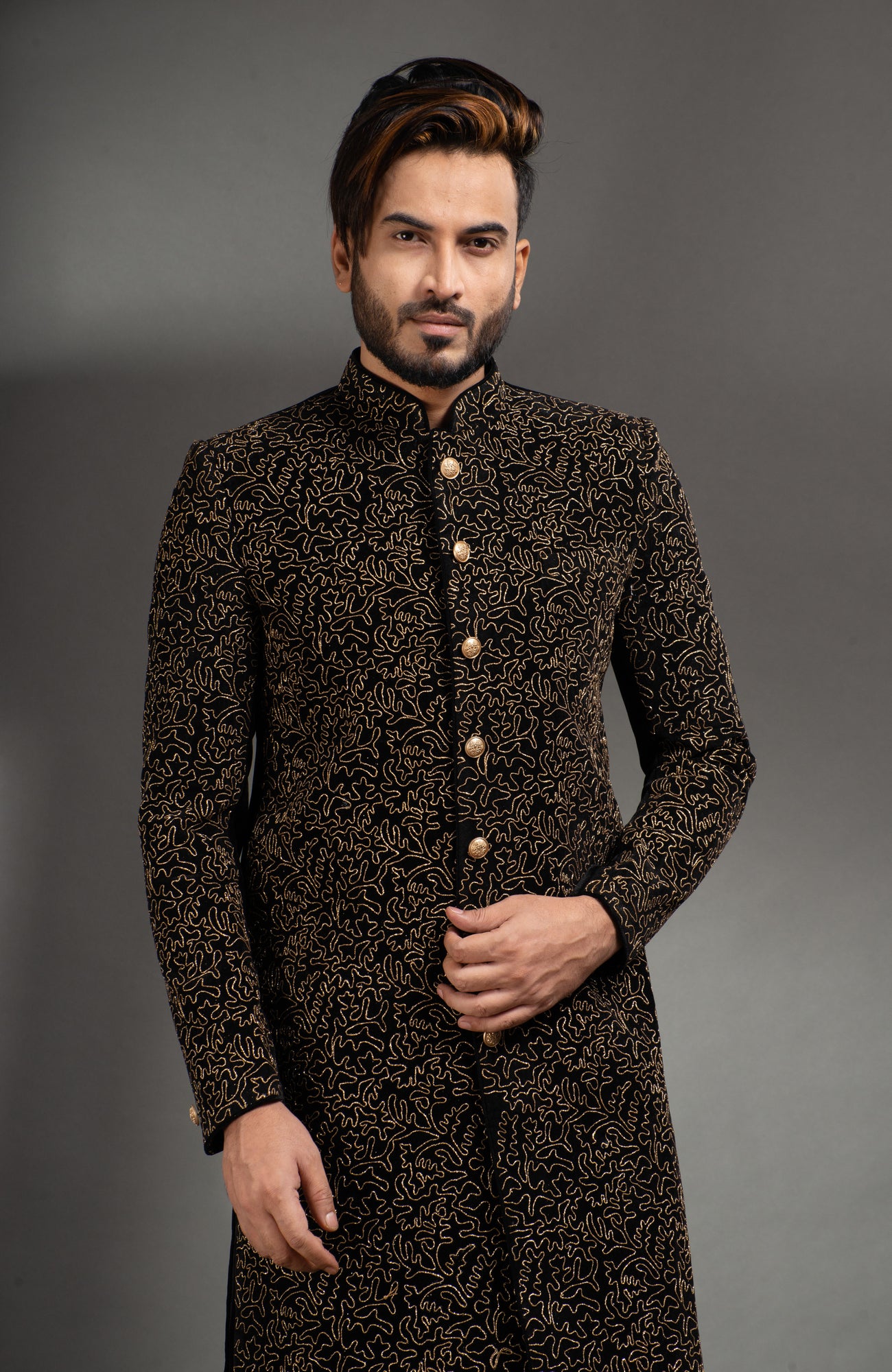 HAMSAFAR Men’s Matte Black Poly Velvet Sherwani