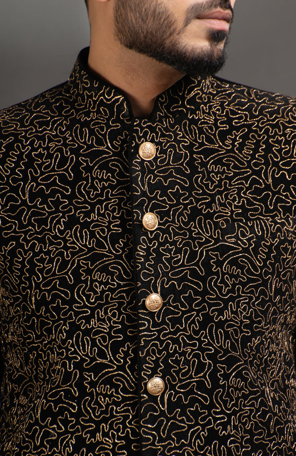 HAMSAFAR Men’s Matte Black Poly Velvet Sherwani