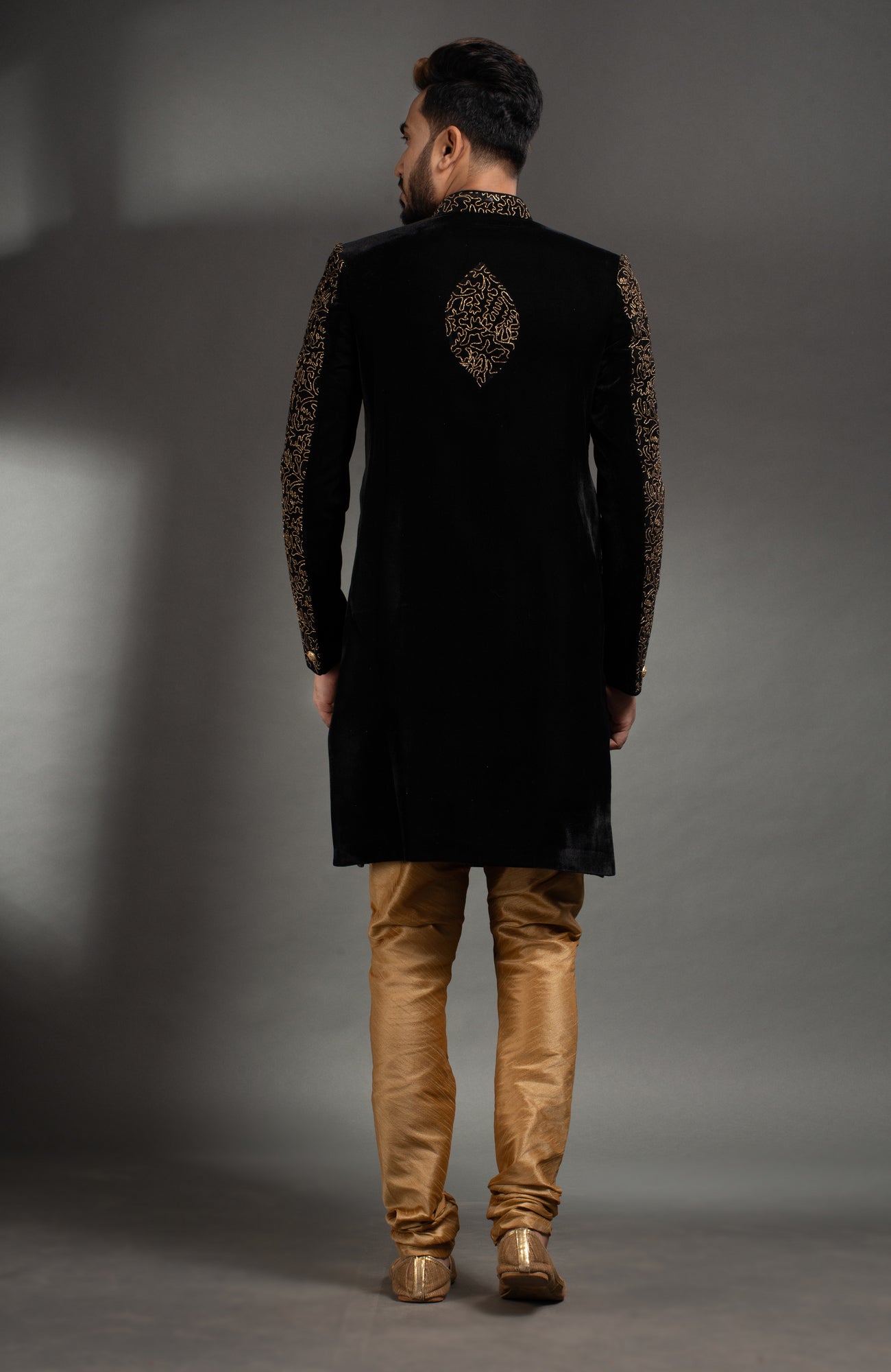HAMSAFAR Men’s Matte Black Poly Velvet Sherwani
