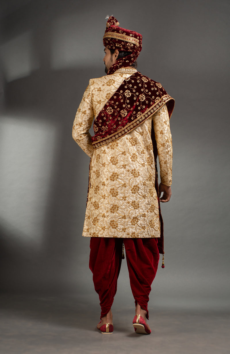 HAMSAFAR Men’s Golden Poly Dupion Printed Sherwani