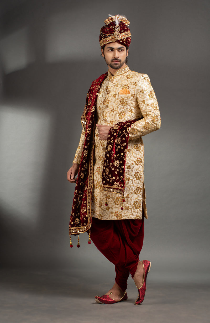 HAMSAFAR Men’s Golden Poly Dupion Printed Sherwani