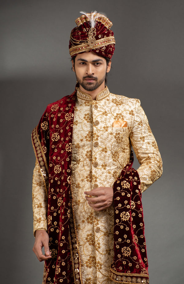 HAMSAFAR Men’s Golden Poly Dupion Printed Sherwani