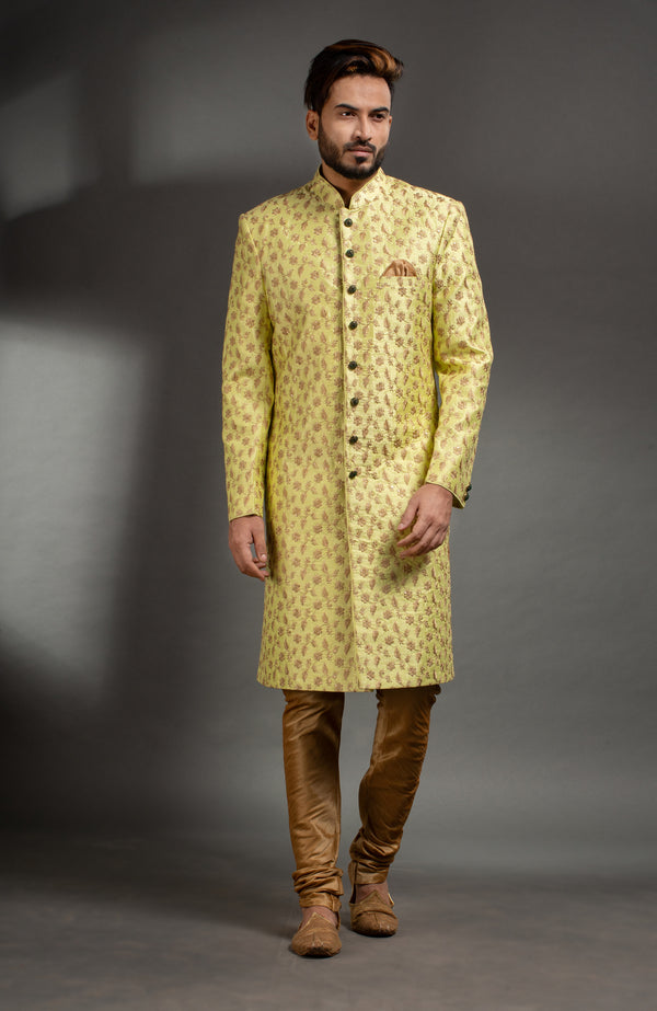 HAMSAFAR Men’s Light Yellow Poly Dupion Sherwani