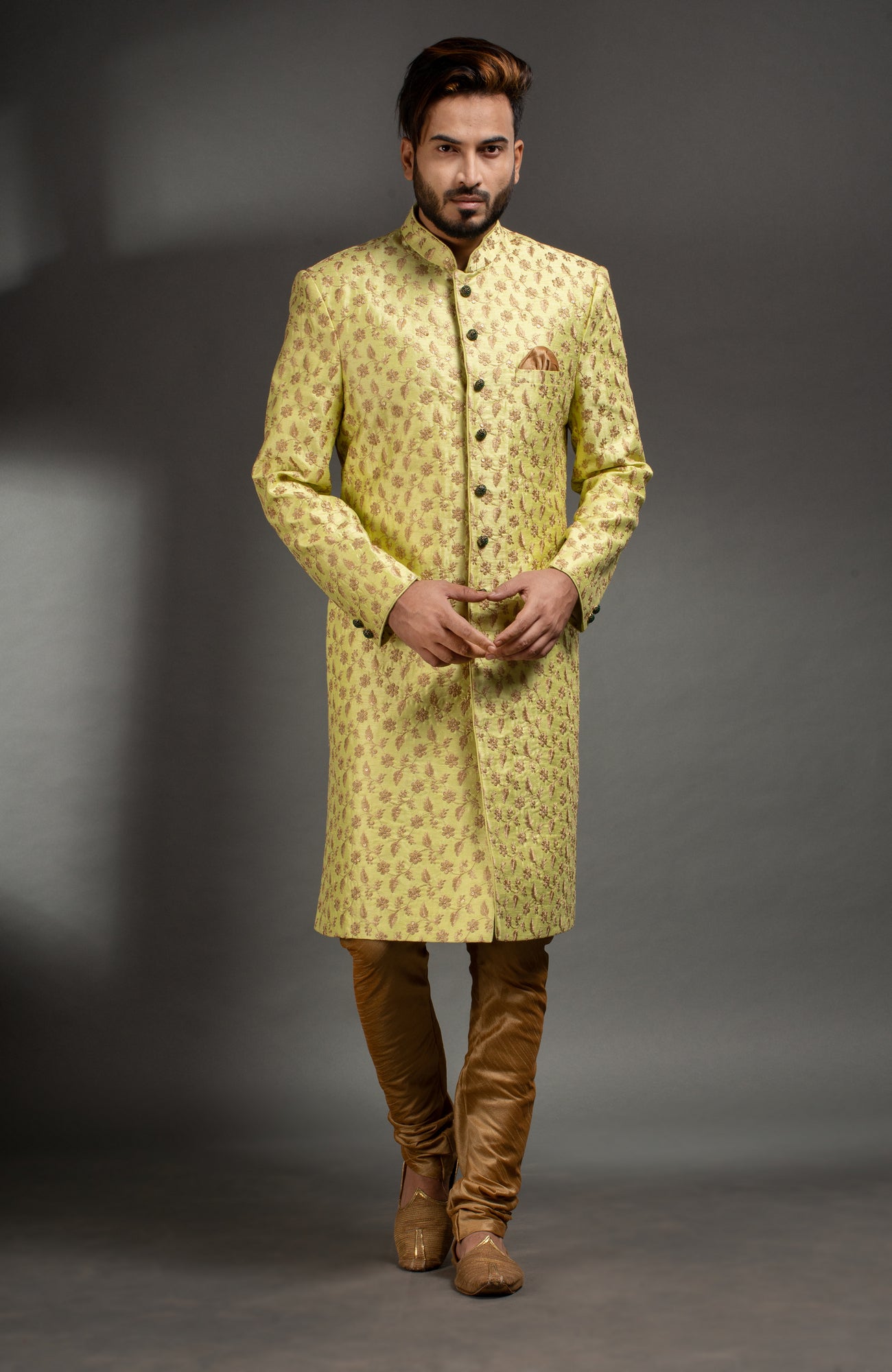 HAMSAFAR Men’s Light Yellow Poly Dupion Sherwani