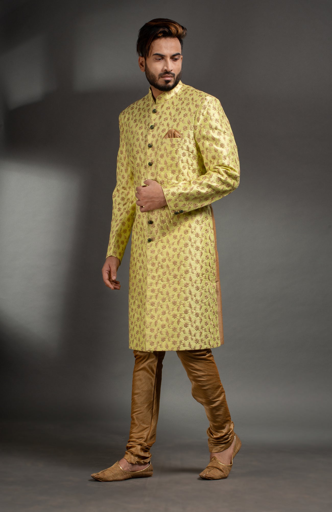 HAMSAFAR Men’s Light Yellow Poly Dupion Sherwani