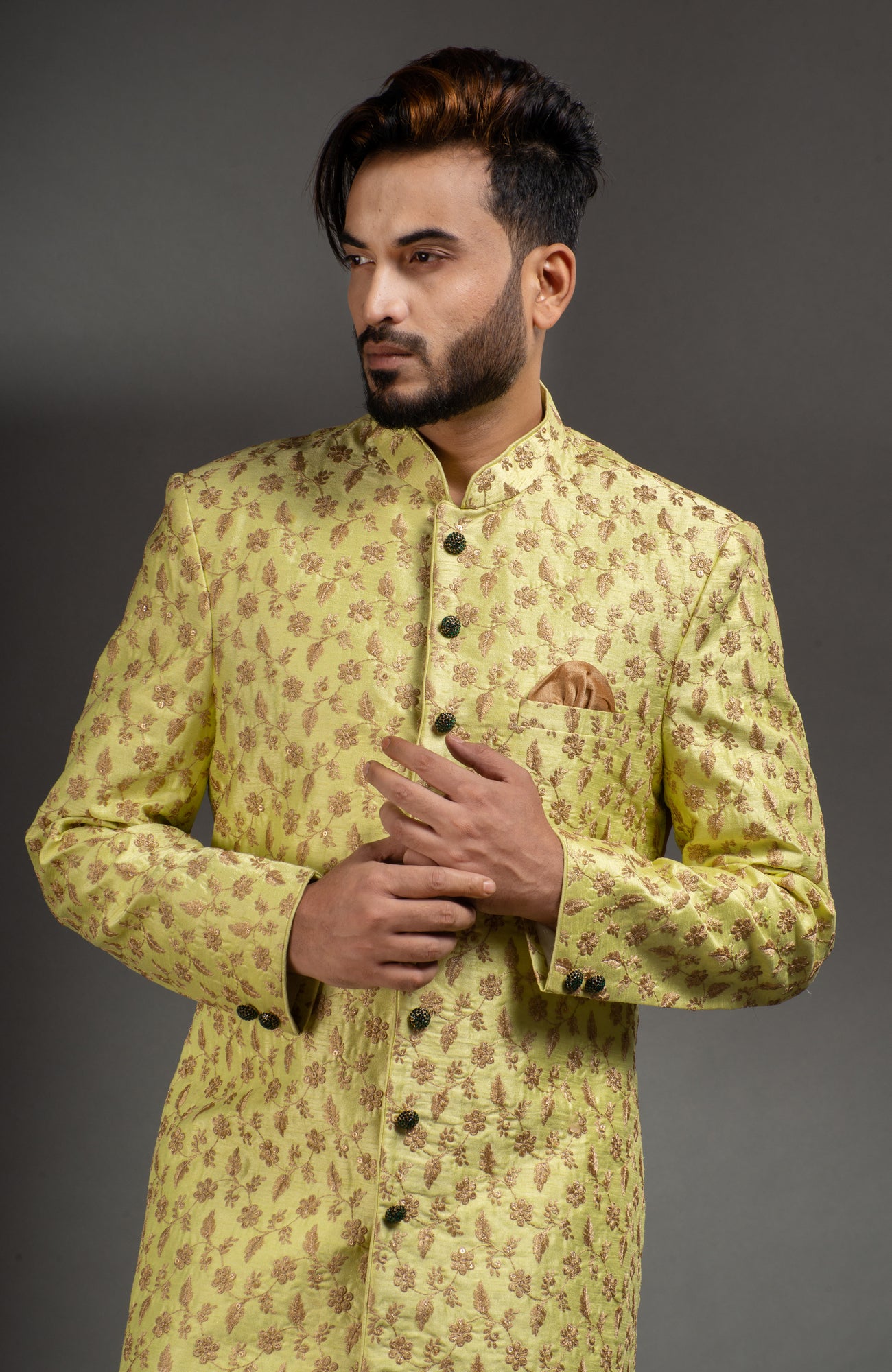 HAMSAFAR Men’s Light Yellow Poly Dupion Sherwani