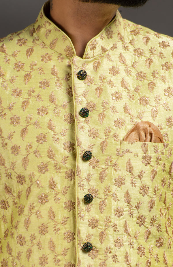 HAMSAFAR Men’s Light Yellow Poly Dupion Sherwani