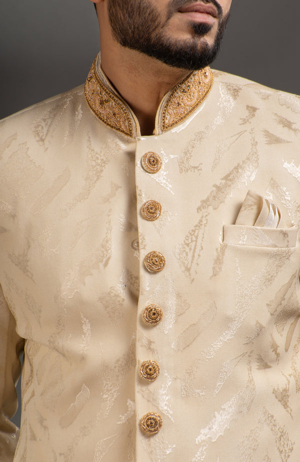 HAMSAFAR Men’s Cream Net Poly Viscose Sherwani