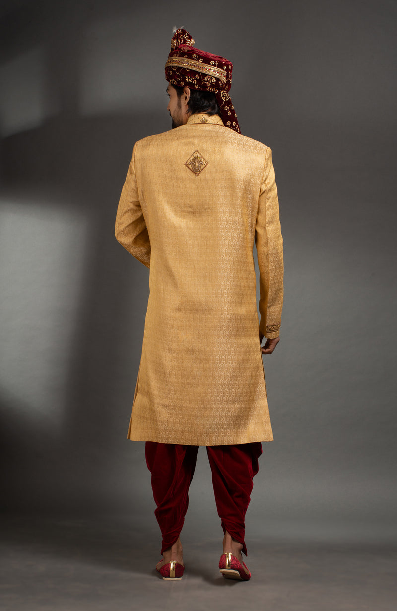 HAMSAFAR Men’s Biscuit Brown Poly Zari Jacquard Sherwani