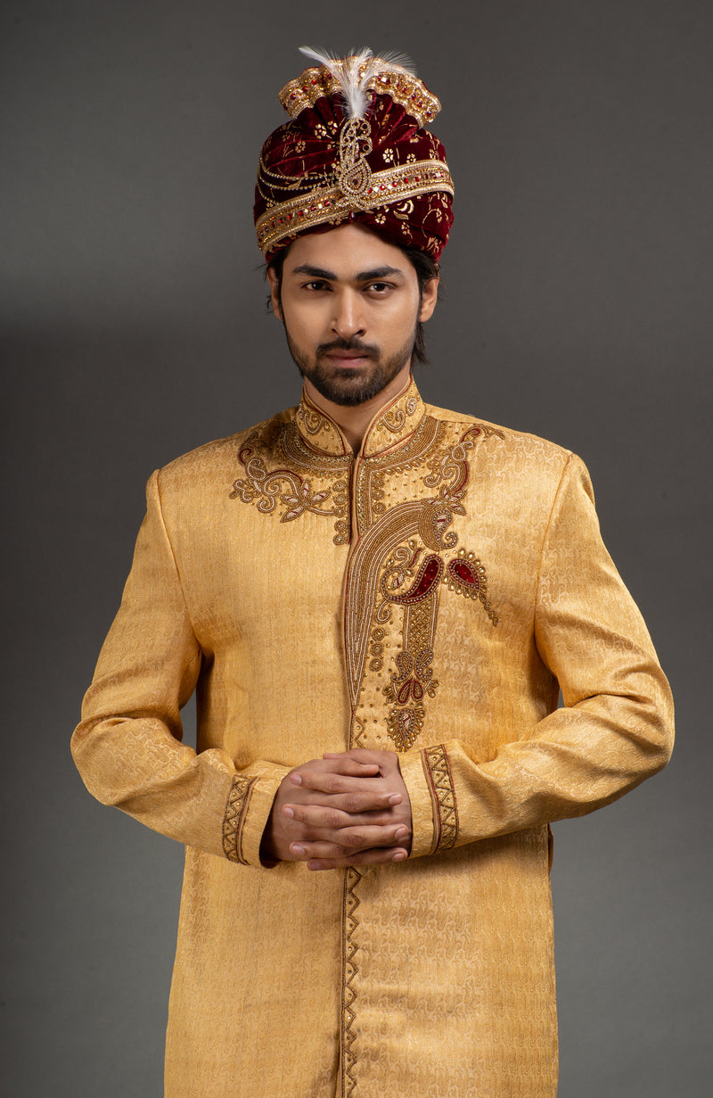 HAMSAFAR Men’s Biscuit Brown Poly Zari Jacquard Sherwani