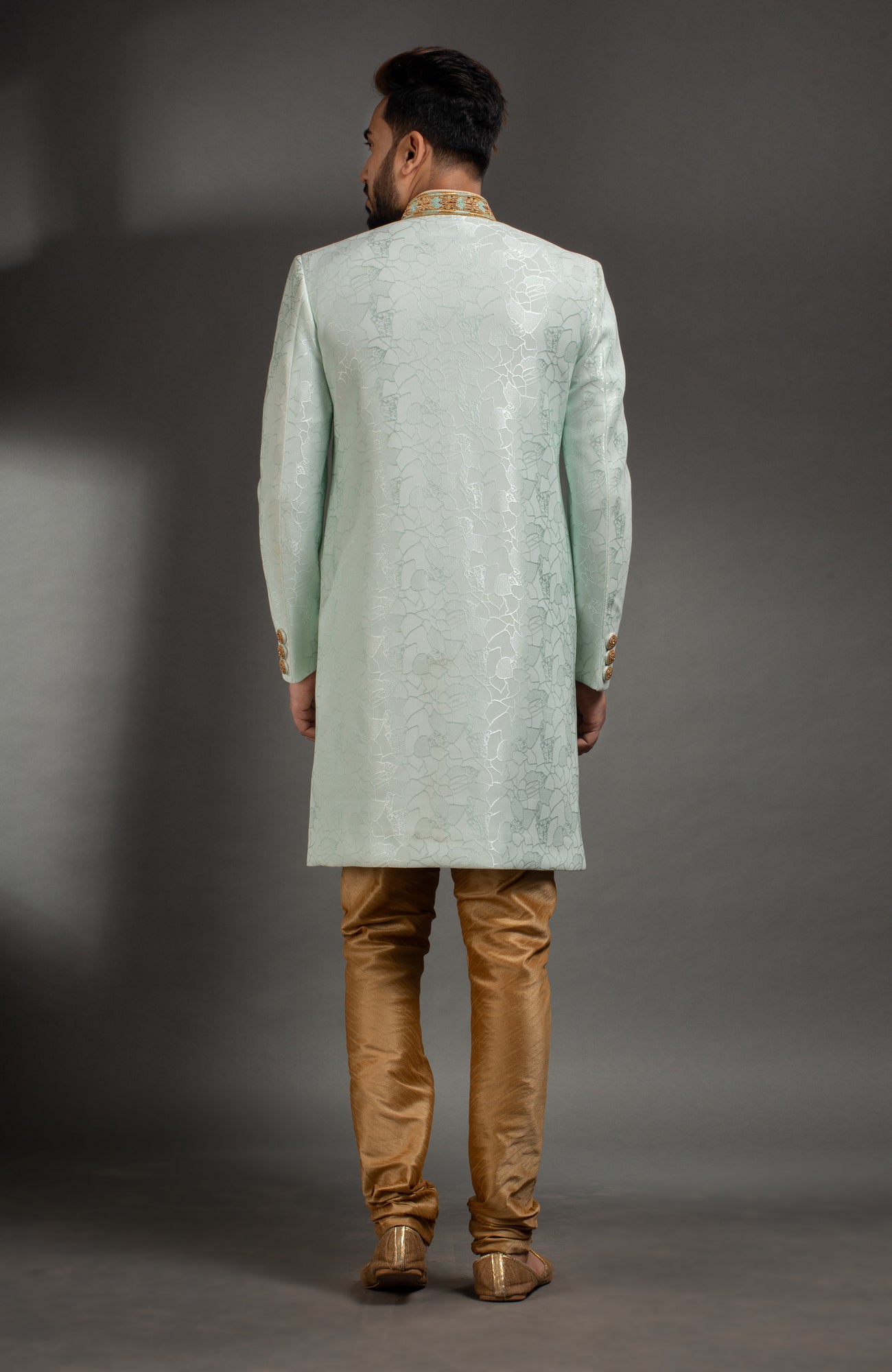HAMSAFAR Men’s Light Sky Blue Net PolyJacquard  Sherwani