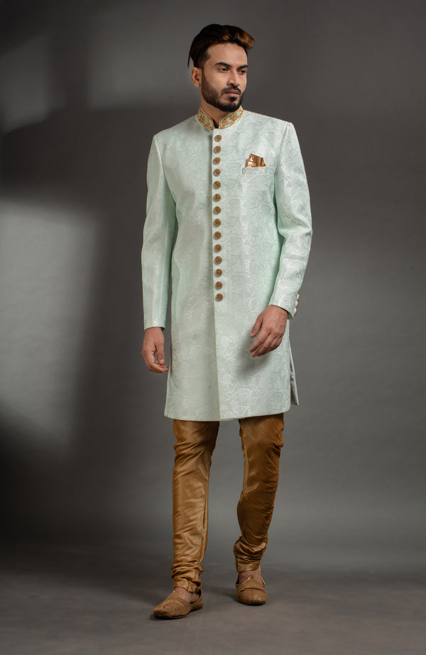 HAMSAFAR Men’s Light Sky Blue Net PolyJacquard  Sherwani