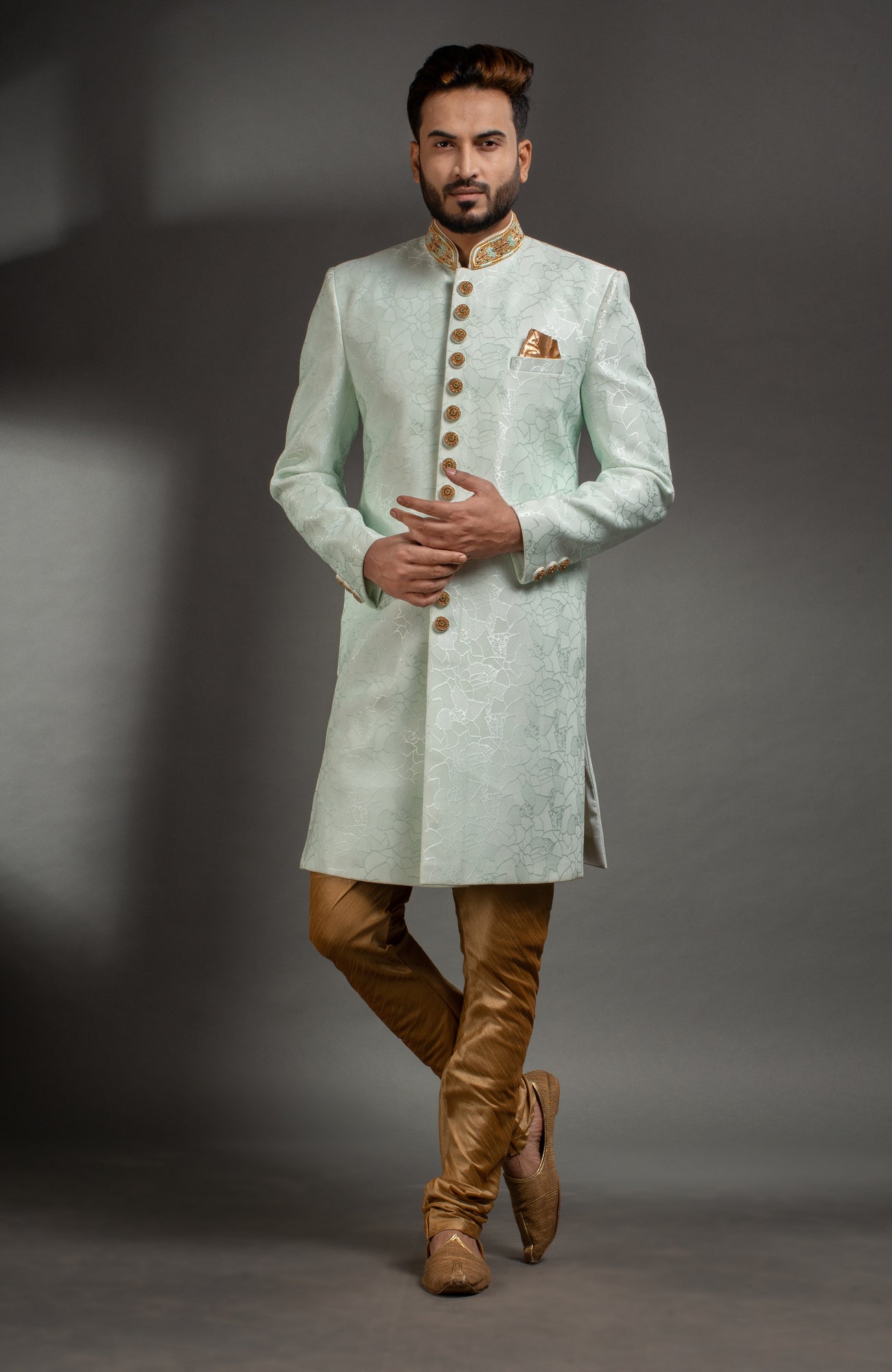 HAMSAFAR Men’s Light Sky Blue Net PolyJacquard  Sherwani