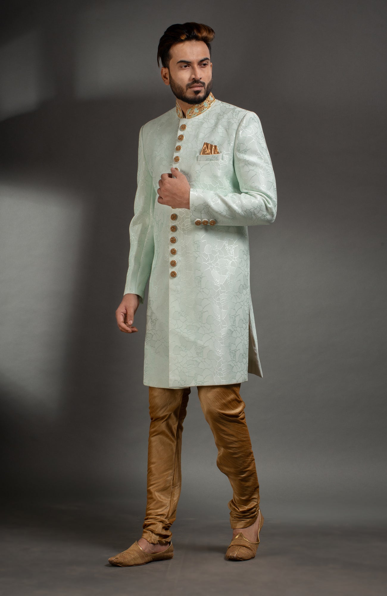 HAMSAFAR Men’s Light Sky Blue Net PolyJacquard  Sherwani