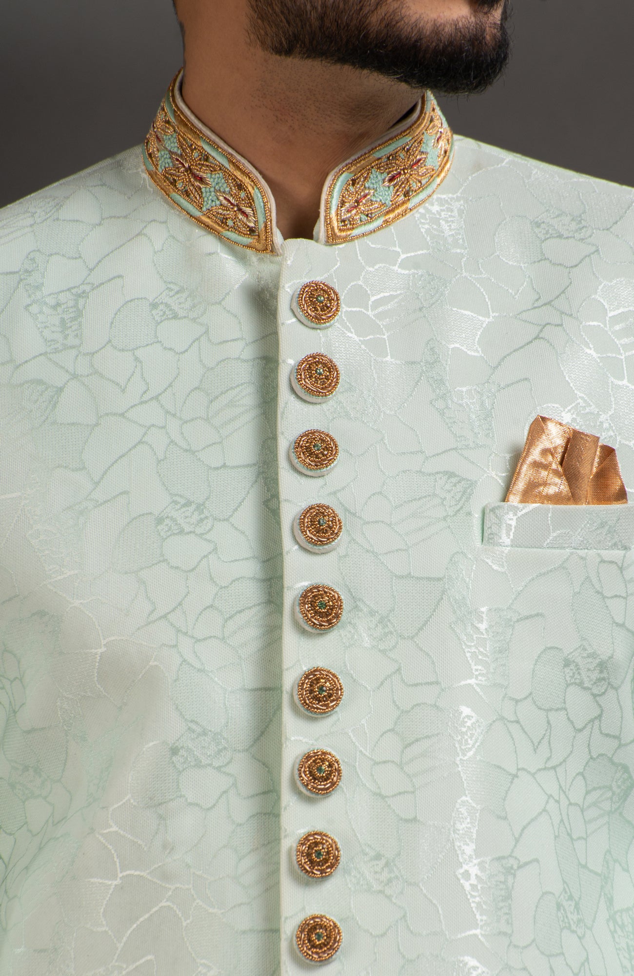 HAMSAFAR Men’s Light Sky Blue Net PolyJacquard  Sherwani