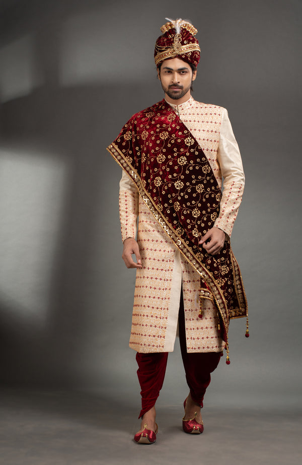 HAMSAFAR Men’s Peach Poly Dupion Sherwani