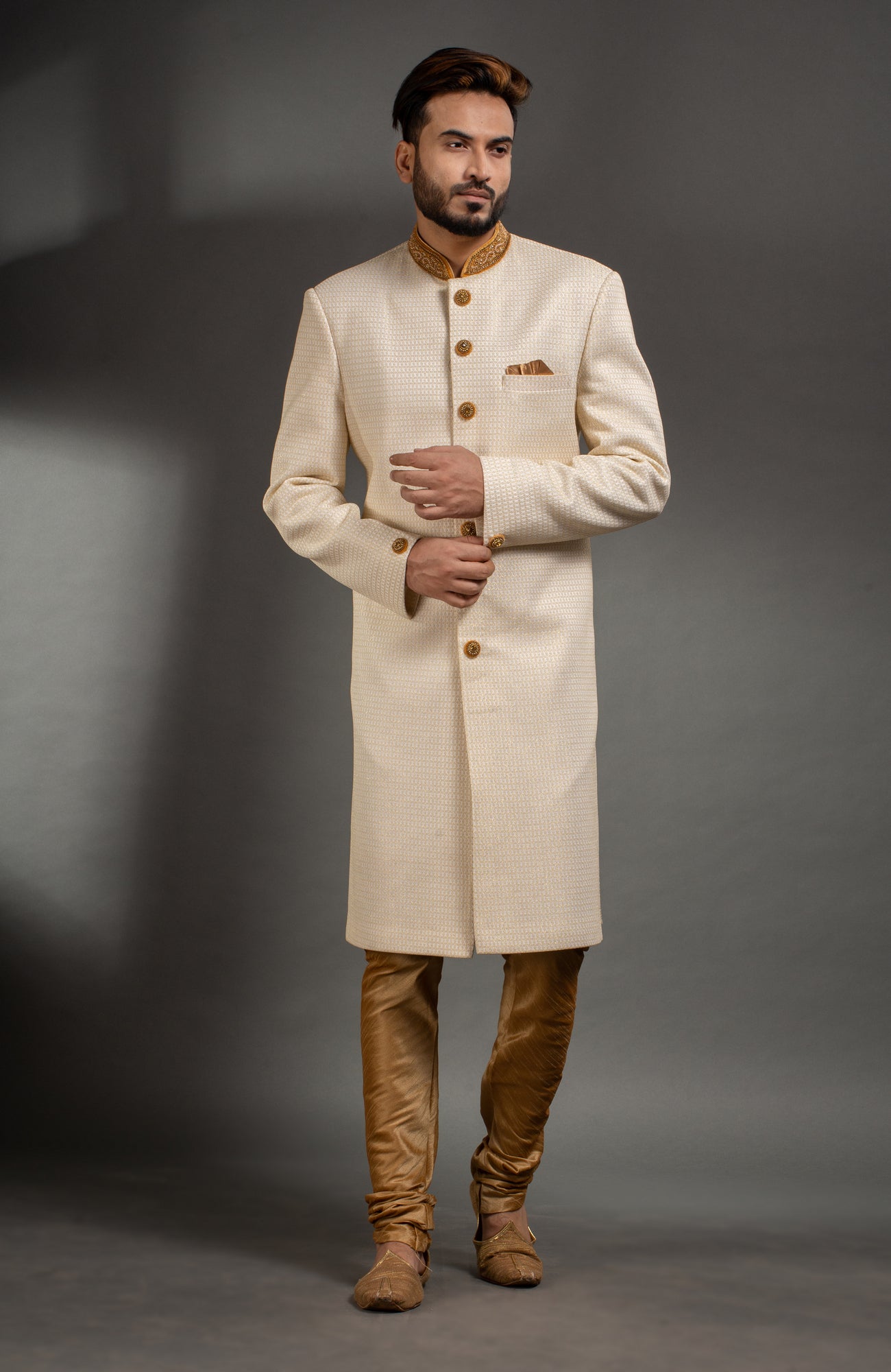 HAMSAFAR Men’s Cream Golden Poly Viscose  Sherwani